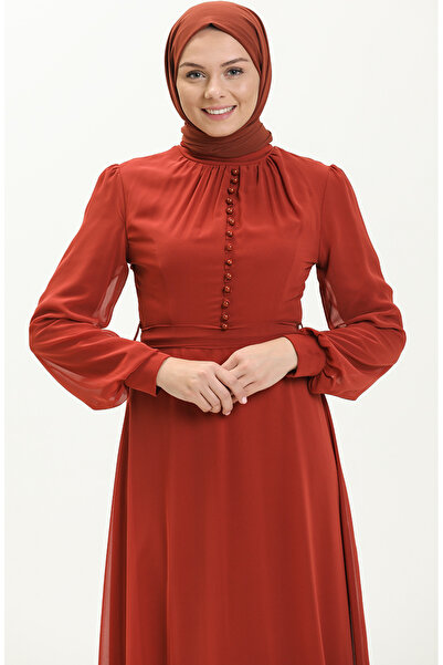 sefamerve Düğme Detaylı Şifon Abiye Elbise 5695-14 Kiremit