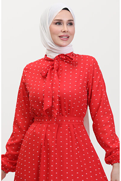 sefamerve Red Belted Patterned Dress - 0383-02