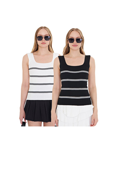 THIFF GYMWEAR Women's Sleeveless Thick Strap Slim Summer Square Neck Striped ...