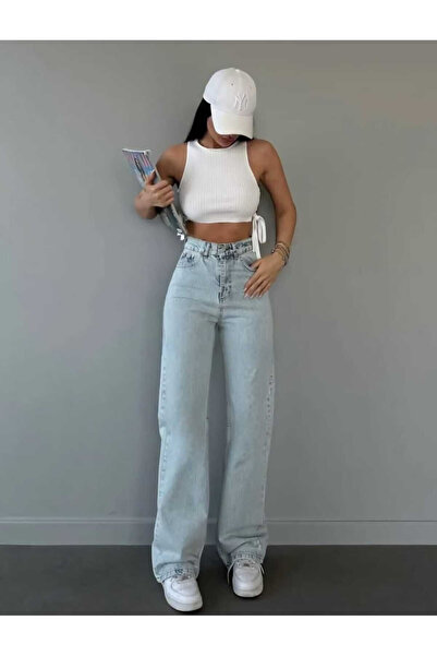 mooishan Sara Shabby Snow Wash Blue Jeans Palazzo Loose Leg Jeans New