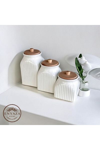 ENYAZA(2024) 3 Size Bamboo Vacuum Striped Porcelain Tea Candy Coffee Jar 3-Piece Storage Set 1000Ml,750Ml,500M