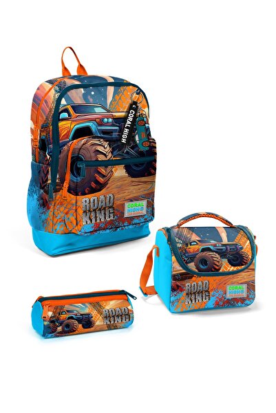 Coral High Kids Blue Orange High Wheels Truck Patterned 3-Piece School Bag Se...