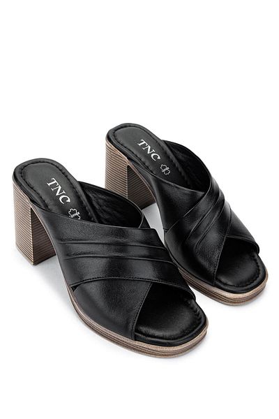 Tamer Tanca Women's Genuine Leather Black Leather Heeled Slippers
