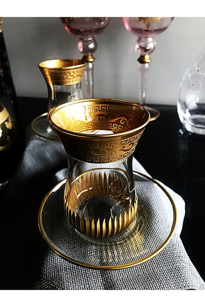 DECOSTYLE Ajda Tea Set for 6 People with Gold Decor Plate 165 Cc