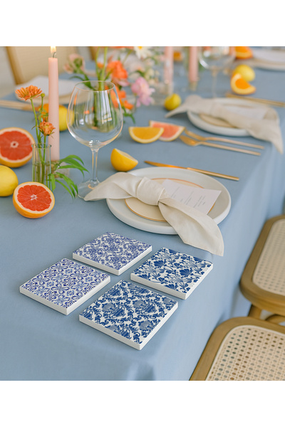 arslart Mavi Çini Porselen Desenli Doğal Taş Bardak Altlığı 4’lü Set, Sunumluk Masa Dekoru
