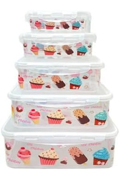 Generic Bisbell Square Food Storage Container Set, 5 Pieces with Cupcake Design,BB2404
