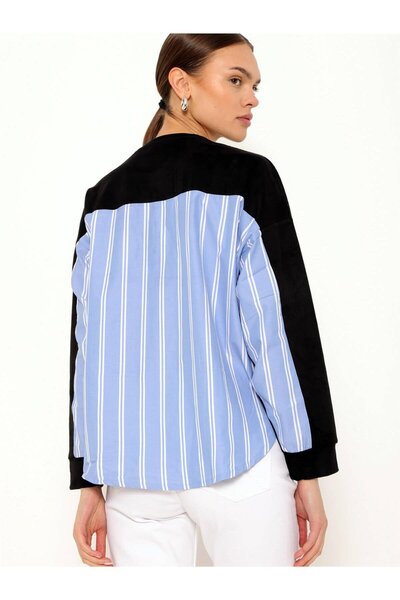 Coral Çizgili Gömlek Garnili İncili Sweatshirt Siyah