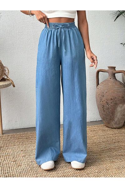 Güler Casual Slim Denim Fabric Light Blue Palazzo Trousers