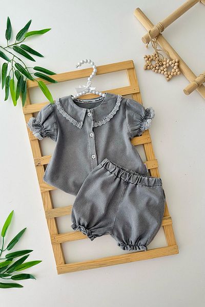 Minigimin Cicileri My Little One's Cicileri Soft Denim Collar Scallop Detailed Baby Girl Shorts Set - Gray