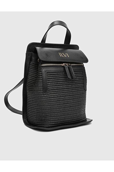 İLVİ Mathis Hasır Deri Siyah Kadın Sırt Çantası
