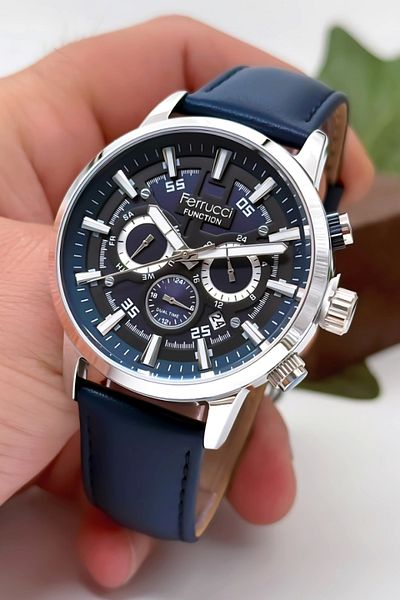 Ferrucci Men's Wristwatch Navy Leather Cord Functions Active Rose Steel Case