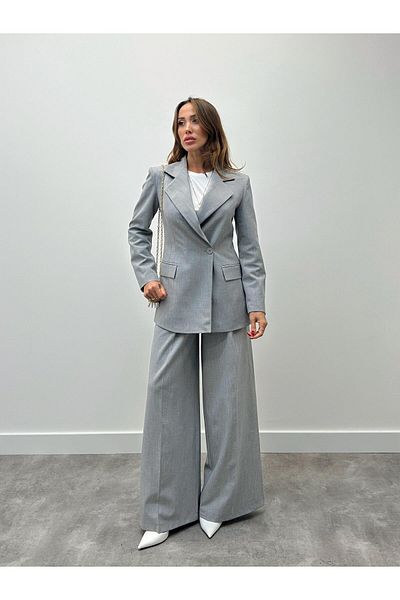 Maldia Shop Women's Single Button Pleated Palazzo Trousers Gray Blazer Suit