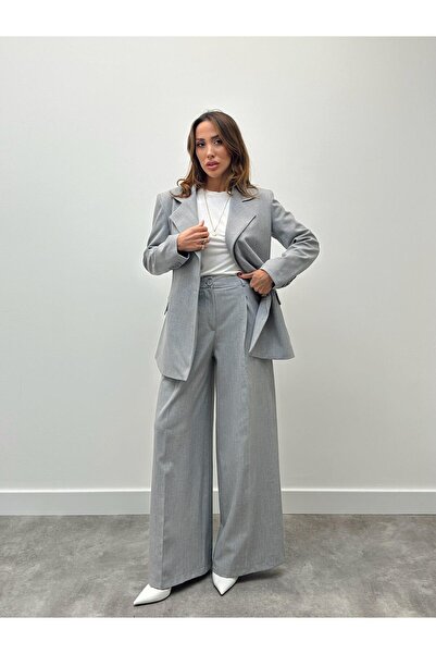 Maldia Shop Women's Single Button Pleated Palazzo Trousers Gray Blazer Suit