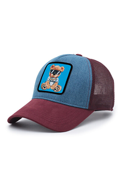 Trucker Bear Today Model Interchangeable Emblem Mesh Cap Claret Red Denim