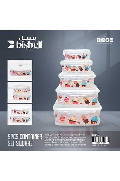 Generic Bisbell Square Food Storage Container Set, 5 Pieces with Cupcake Design,BB2404