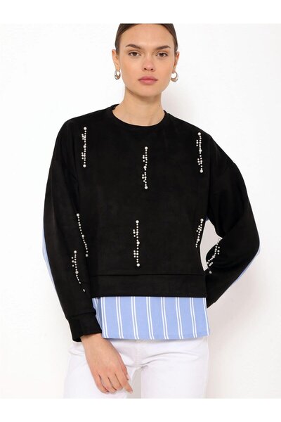 Coral Çizgili Gömlek Garnili İncili Sweatshirt Siyah