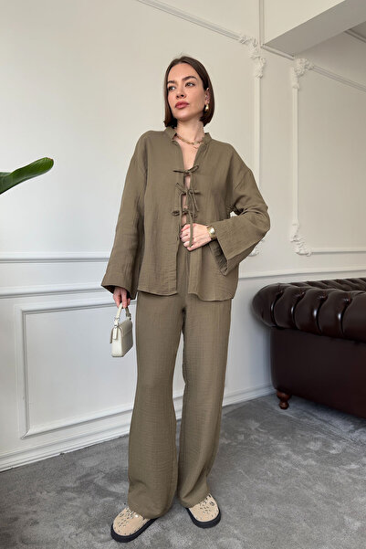 MAGARDE طقم موسلين بشريط في الأمام - كاكي