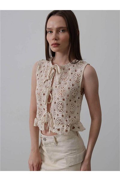 Coral Natural Lace-Up Lace Vest