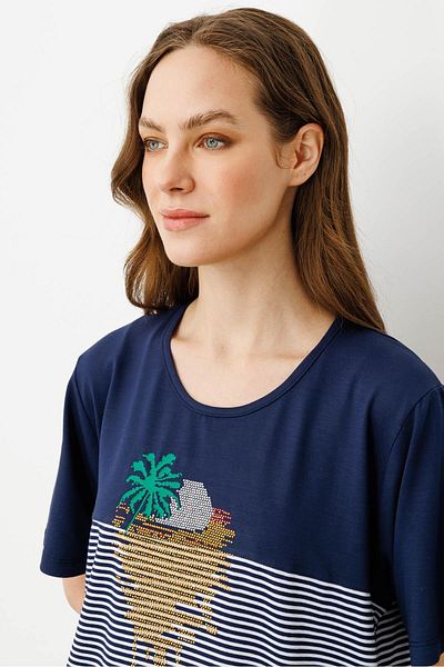 Desen Triko Tricou de damă cu decolteu în formă de palmier din bumbac pieptănat, albastru bleumarin