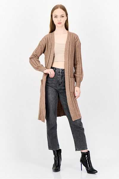 PİNK ROSE Women Split Neck Textured Cardigan, Brown