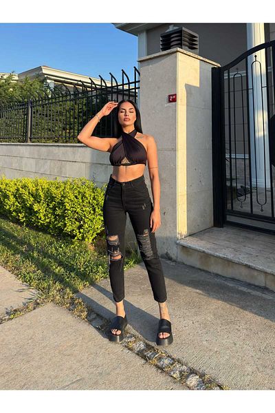 SHEVEGA Women Black High Waist Knee Laser Ripped Boyfriend Mom Jeans Pants