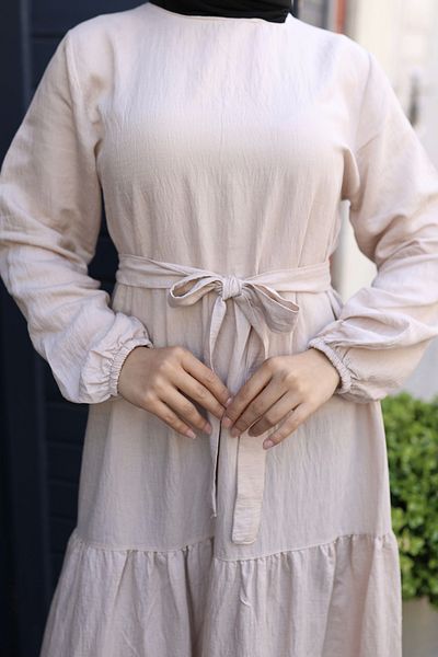 modessia Women Ecru Linen Layered Summer Hijab Dress with Waist Tie 0102