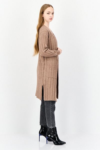PİNK ROSE Women Split Neck Textured Cardigan, Brown