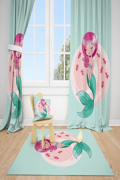 dekomingo Mermaid Blue Children's Room 2 Wing Background Curtain