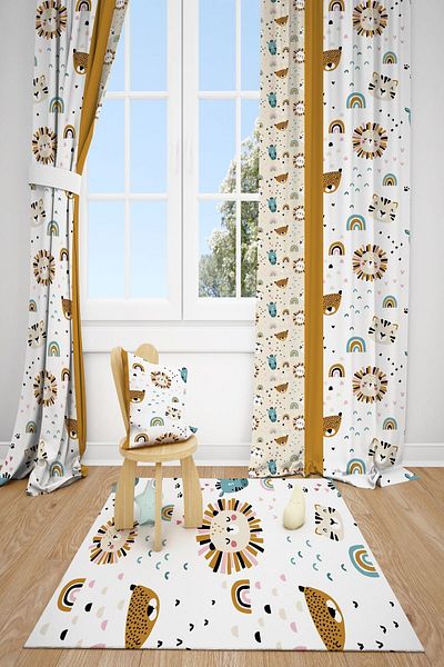 dekomingo ORANJ STRIPED WHITE ANIMALS PATTERNED DOUBLE WINGS CHILDREN'S ROOM PHONE CURTAIN