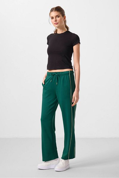 TOMMY LIFE Green Soft Textured Side Panel Detailed Wide Leg Women's Palazzo Trousers - 94669