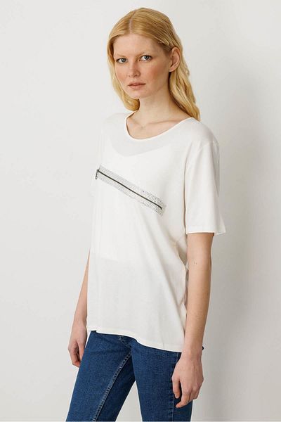 Desen Triko Women's Stone Printed Zipper Accessory Combed Cotton T-Shirt Bone