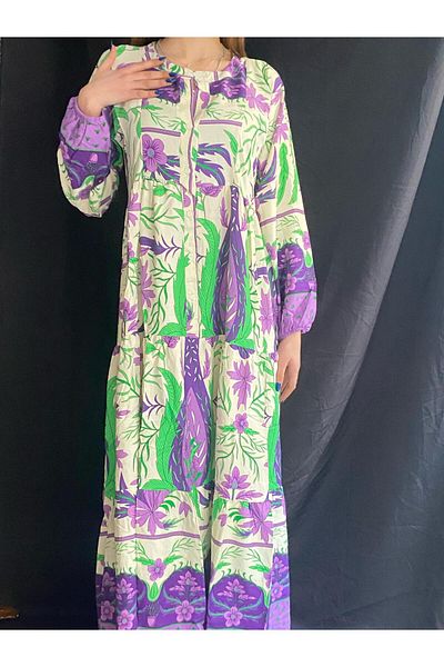 OlaLady Women's Viscose Fabric Long Sleeve Patterned Loose Dress
