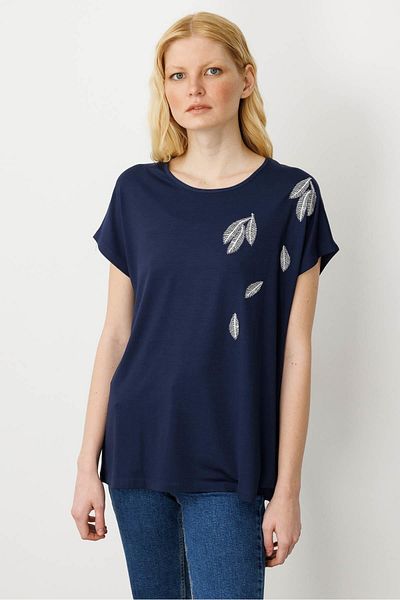 Desen Triko Women's Crew Neck Shoulder Stoned Combed Cotton T-Shirt Navy Blue