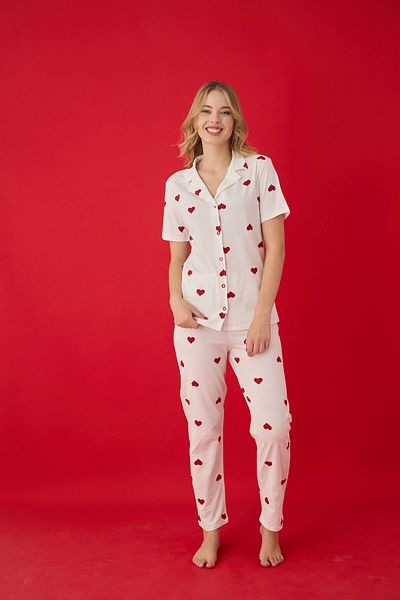 Lavint Homewear Heart Patterned Cotton Lycra Buttoned Pajama Set