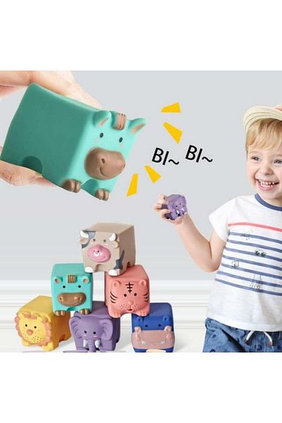 Empria Set Of 6 Silicone Building Blocks, Colorful Educational Toy, , Animals