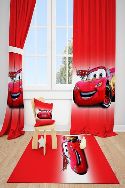 dekomingo Red Floor Car Children's Room 2 Wing Background Curtain