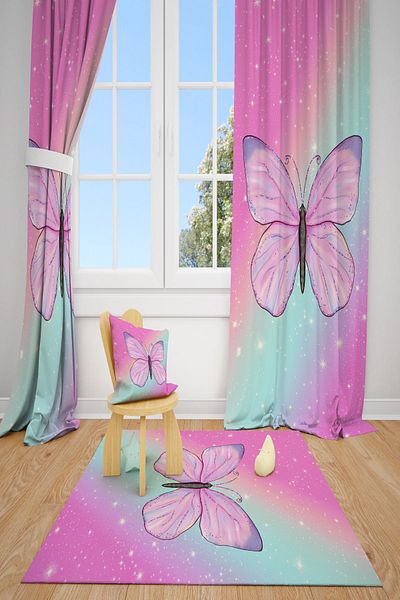 dekomingo Pink Butterfly Patterned Children's Room Background Curtain with 2 Wings