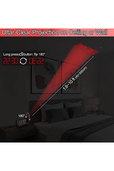 COOYA 180° Bedroom projection alarm clock, large LED, suitable for bedroom, living room