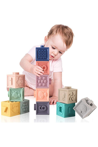 Empria Set 12 cuburi de construit din silicon, jucarie educationala colorata, Empria, Cifre si Forme