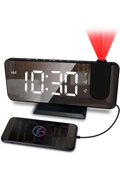 COOYA Bedroom projection alarm clock, large LED, 180° projector, suitable for bedroom, living room