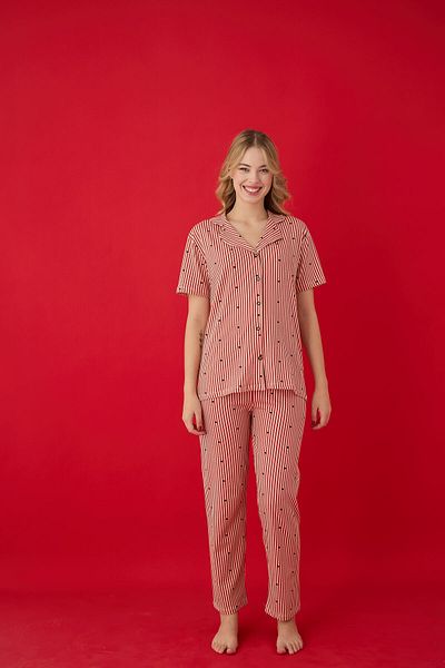 Lavint Homewear Heart Striped Cotton Lycra Buttoned Pajama Set