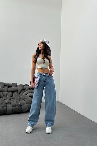 BİKELİFE Women's Light Blue Loose Fitting Wide Leg Casual Baggy Jean Pants