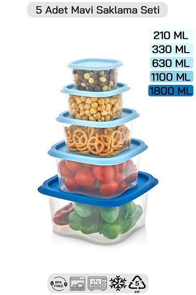 HOMENIVA 5 Size Square Storage Container Set - Storage Container Suitable for Microwave and Deep Freezer