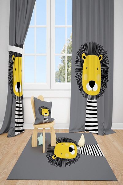 dekomingo Lion Gray Children's Room 2 Wing Background Curtain