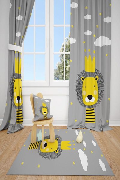dekomingo Yellow Red Lion Patterned Baby and Children's Room Fon Curtain 2 Wings