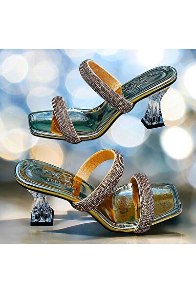 KAFKASLAR AYAKKABI Transparent 8 cm Heel Stone Evening Dress Home Dowery Slippers