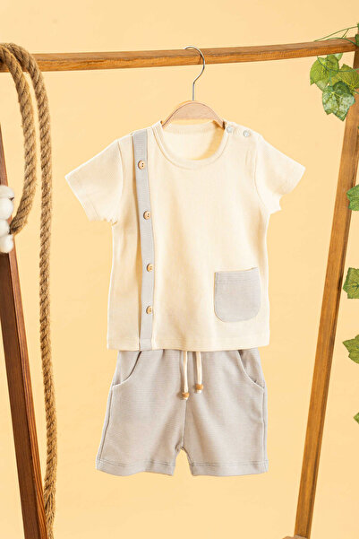 bombe Kız Erkek Bebek Çocuk Gri 2'li Şortlu Natural Pamuklutakım Alt Üst Takım