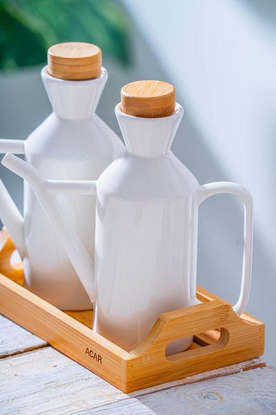 ACAR Pamira Bamboo Stand Oil & Vinegar Set