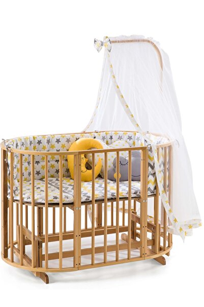 Bamgidoo Ahşap Beşik (BEBEĞİNİZ İLE BÜYÜYEN BEŞİK) Doğal(VERNİKLİ) Sarı Yıldız Uyku Seti Yatak Tekerlekli