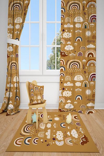 dekomingo MUSTARD DINASOR AND RAINBOW BABY AND KIDS ROOM FON CURTAIN 2 WINGS
